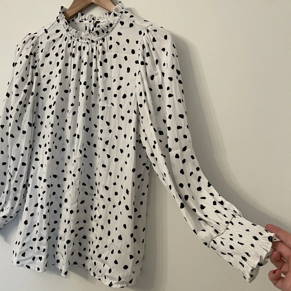 Maison d'Amélie Paris Dalmatian Dot Blouse Large Ruffle Mock Neck Smocked Cuff L - Picture 12 of 16